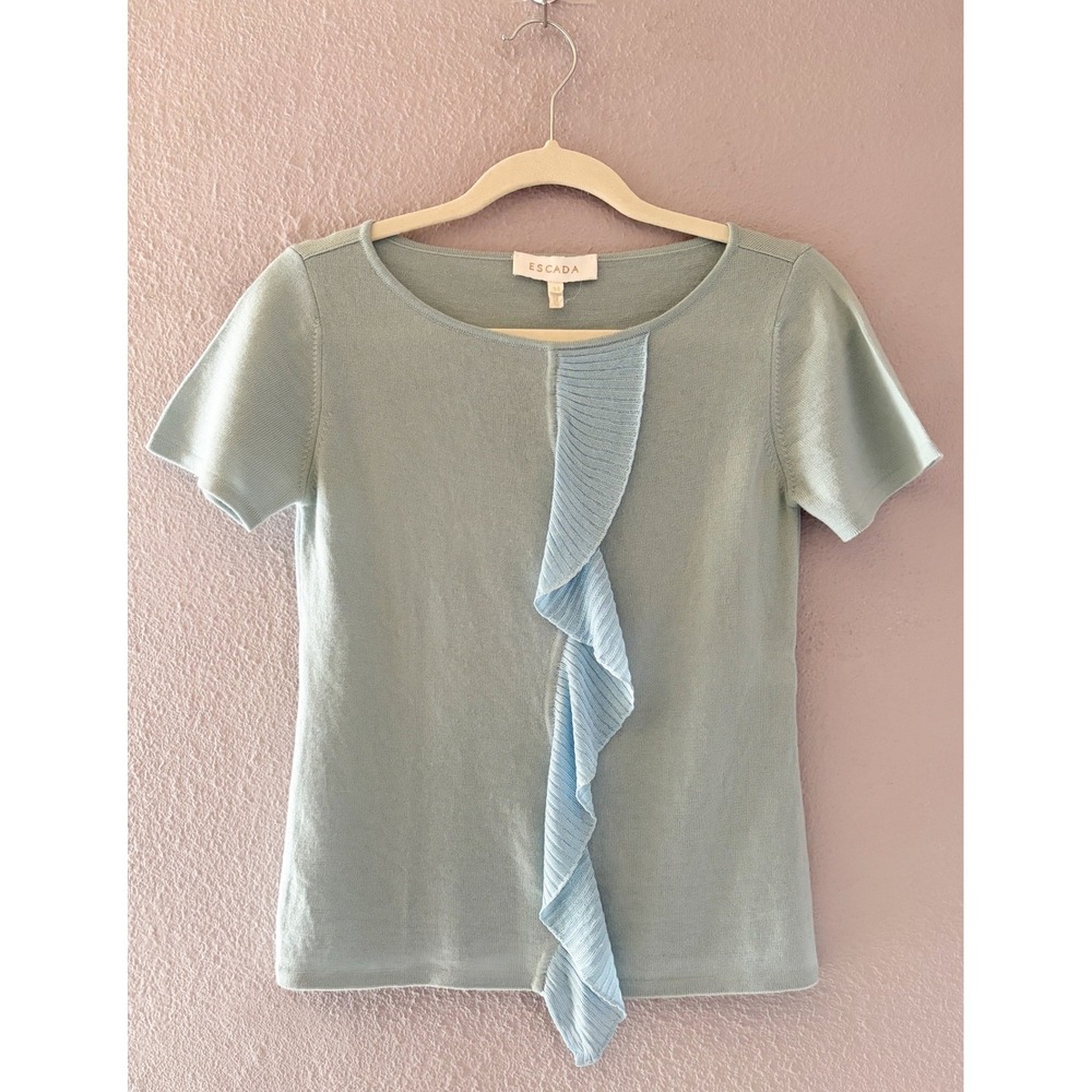 Escada Light Blue New Wool Blend Ruffle Front Short Sleeve Knit Top Size 34